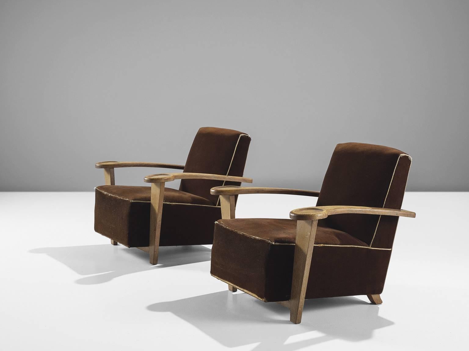 Belgian De Coene Pair of Art Deco Oak Lounge Chairs