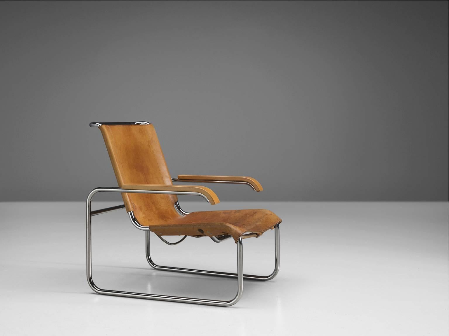German Marcel Breuer Leather Lounge Chair with Ottoman by Thonet