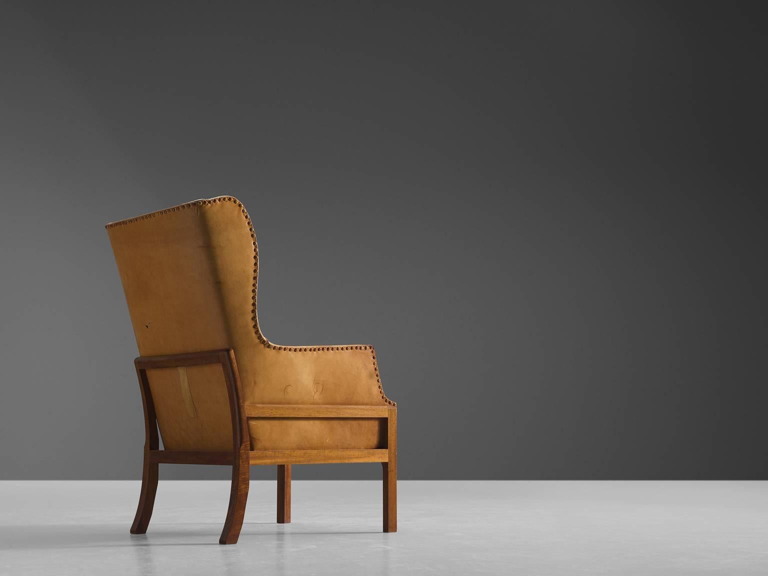 Mogens Koch Wingback Lounge Chair in Mahogany and Cognac Leather In Good Condition In Waalwijk, NL