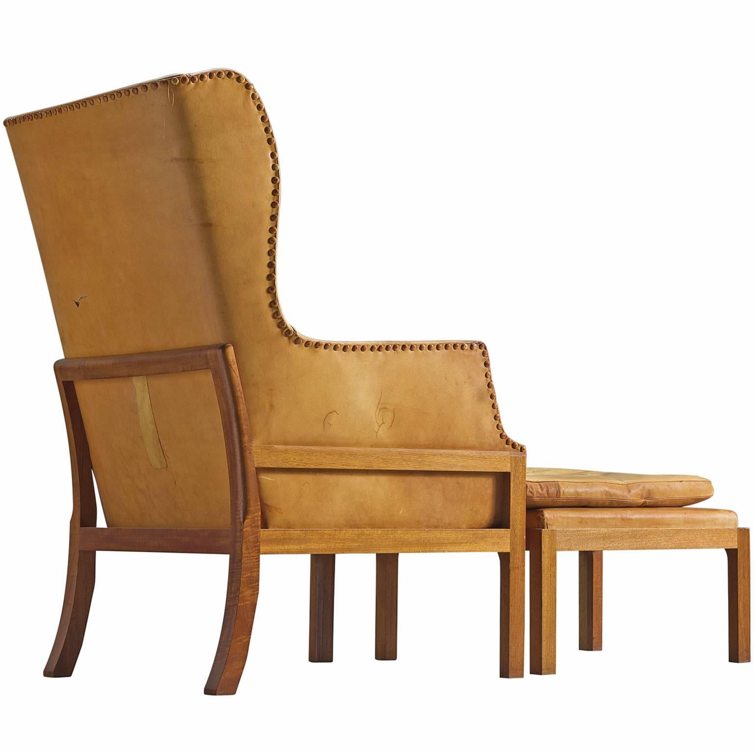Mogens Koch Wingback Lounge Chair in Mahogany and Cognac Leather