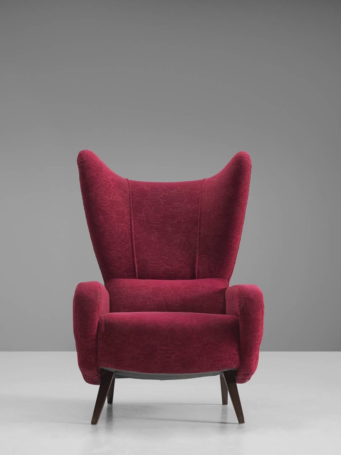 Italian Wingback Chair in Maroon Fabric In Good Condition In Waalwijk, NL
