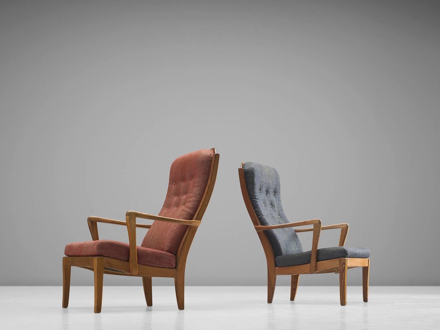 Scandinavian Modern Carl Malmsten Set of Two 'Mabulator' Chairs with Original Grey and Red Fabric