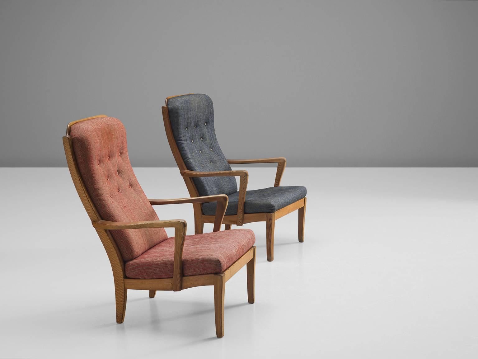 Swedish Carl Malmsten Set of Two 'Mabulator' Chairs with Original Grey and Red Fabric