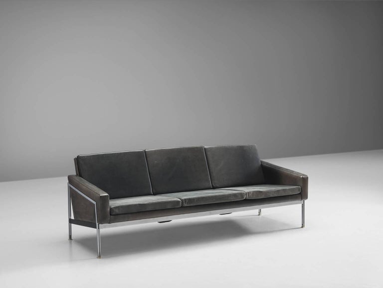 Leather And Steel German Sofa 1950s For At 1stdibs Sofa Three Seater Black Leather Steel Germany 1950s This Clean