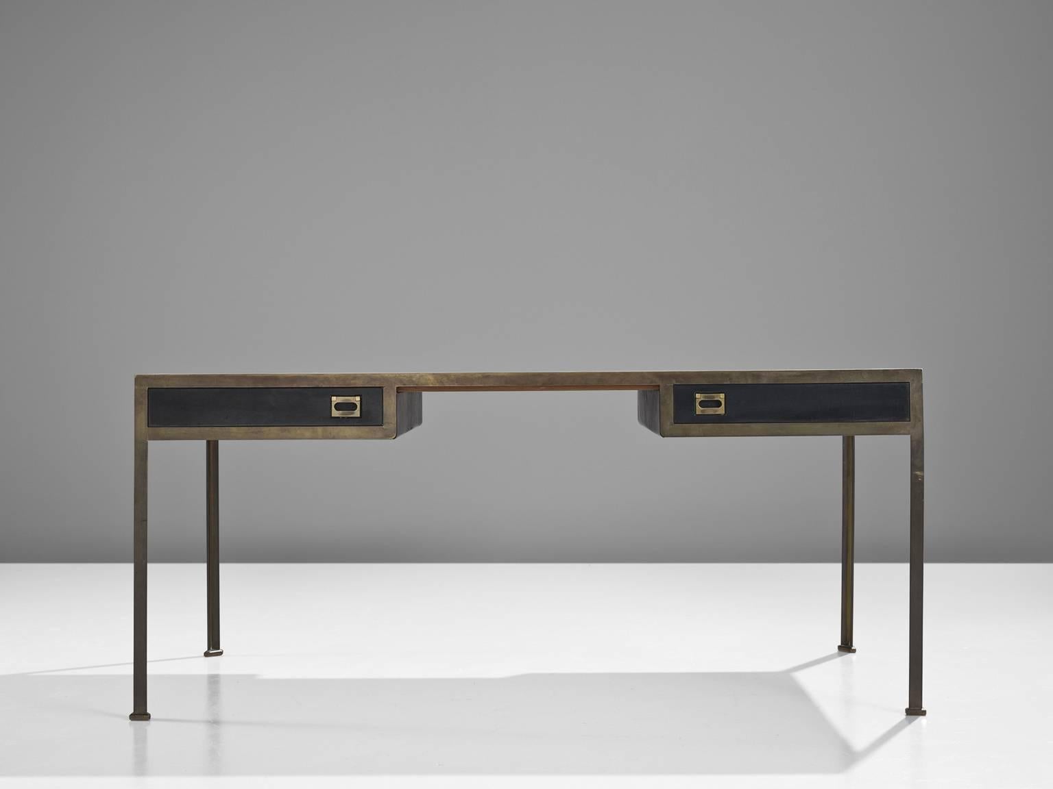 French Black Leather and Brass Desk, 1960s In Excellent Condition In Waalwijk, NL