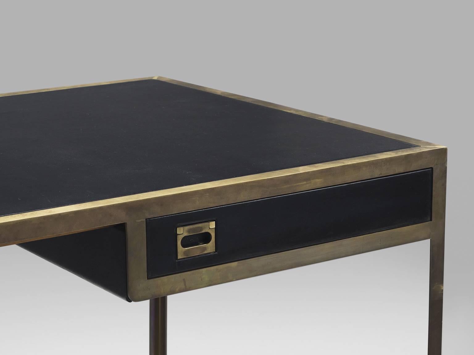 Mid-20th Century French Black Leather and Brass Desk, 1960s