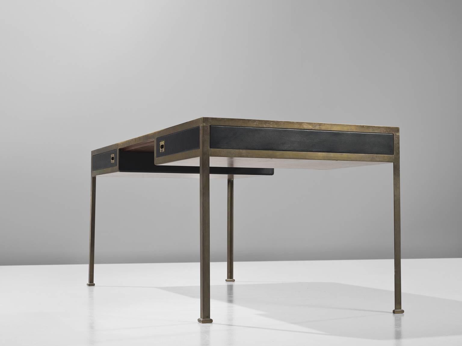 Mid-Century Modern French Black Leather and Brass Desk, 1960s