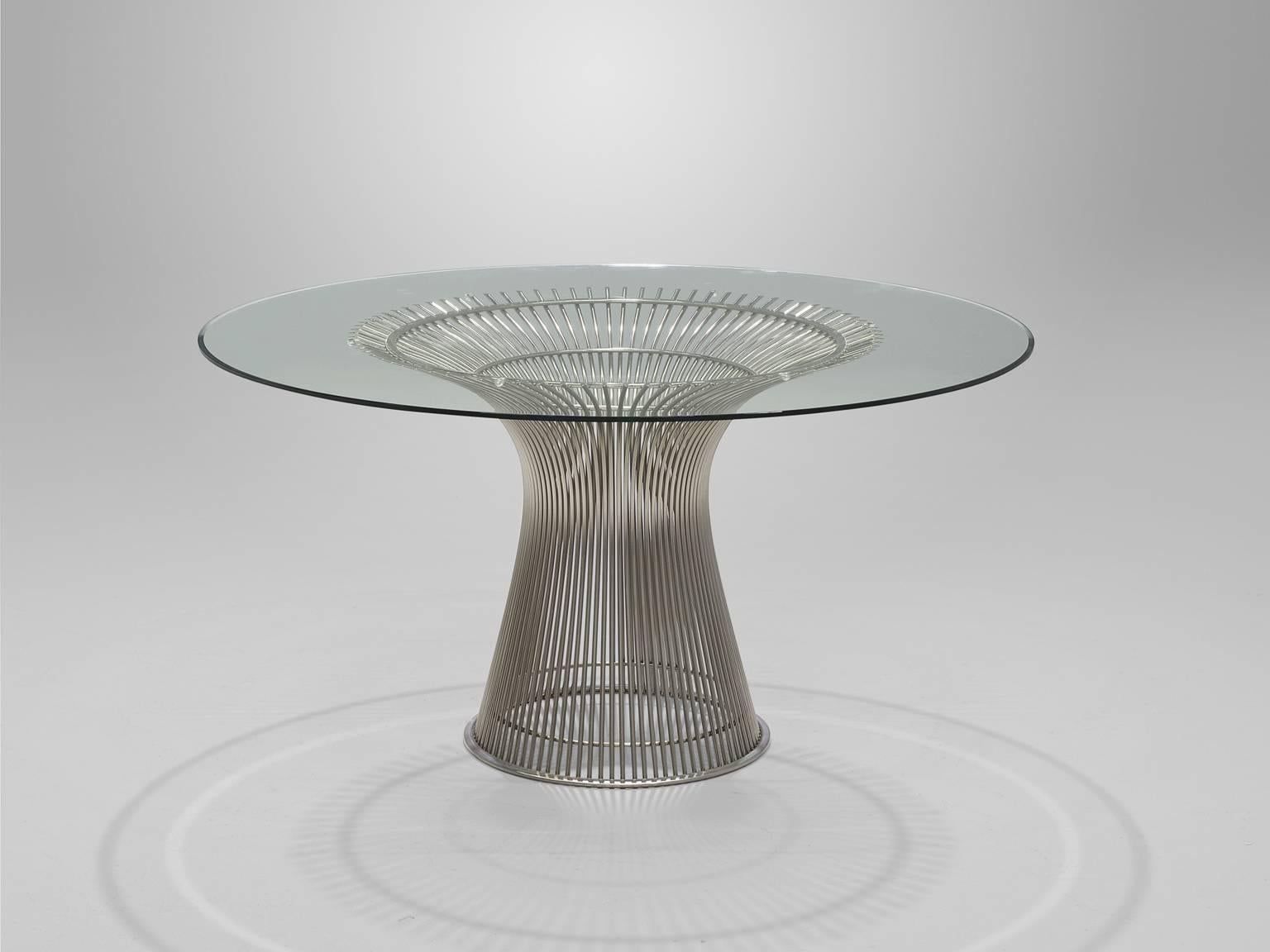 Warren Platner for Knoll, table, glass and metal, United States, 1966, 1980s production. 

This iconic dining table by Warren Platner (1919-2006) is created by welding curved steel rods to circular and semi-circular frames, simultaneously serving