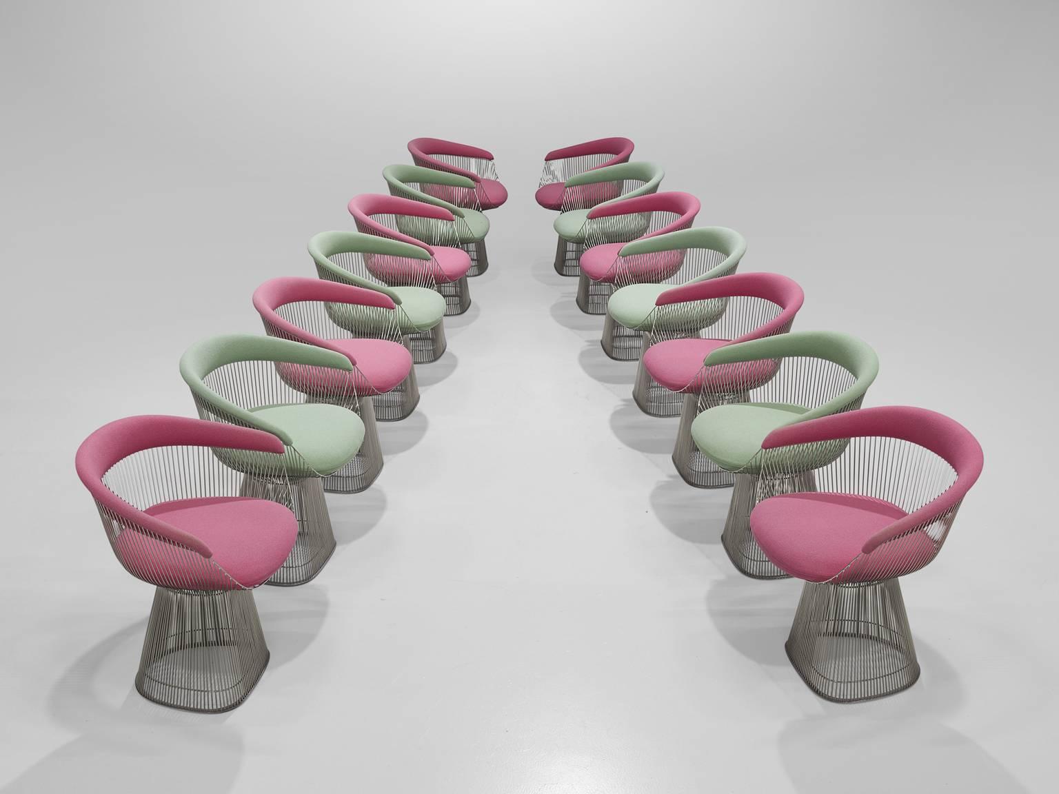 Warren Platner, 14 lounges chairs in metal and fabric, 1966, 1980s production, United States. 

This iconic mint and pink set by Warren Platner (1919-2006) is created by welding curved steel rods to circular and semi-circular frames,