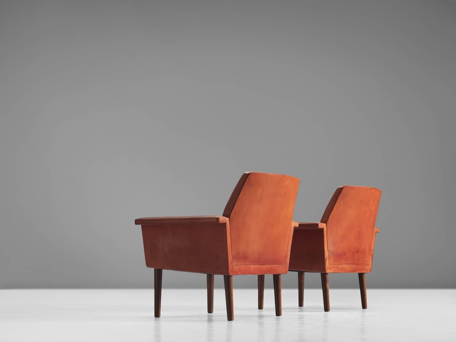 Danish Helge Vestergaard-Jensen Pair of Red Leather Lounge Chairs