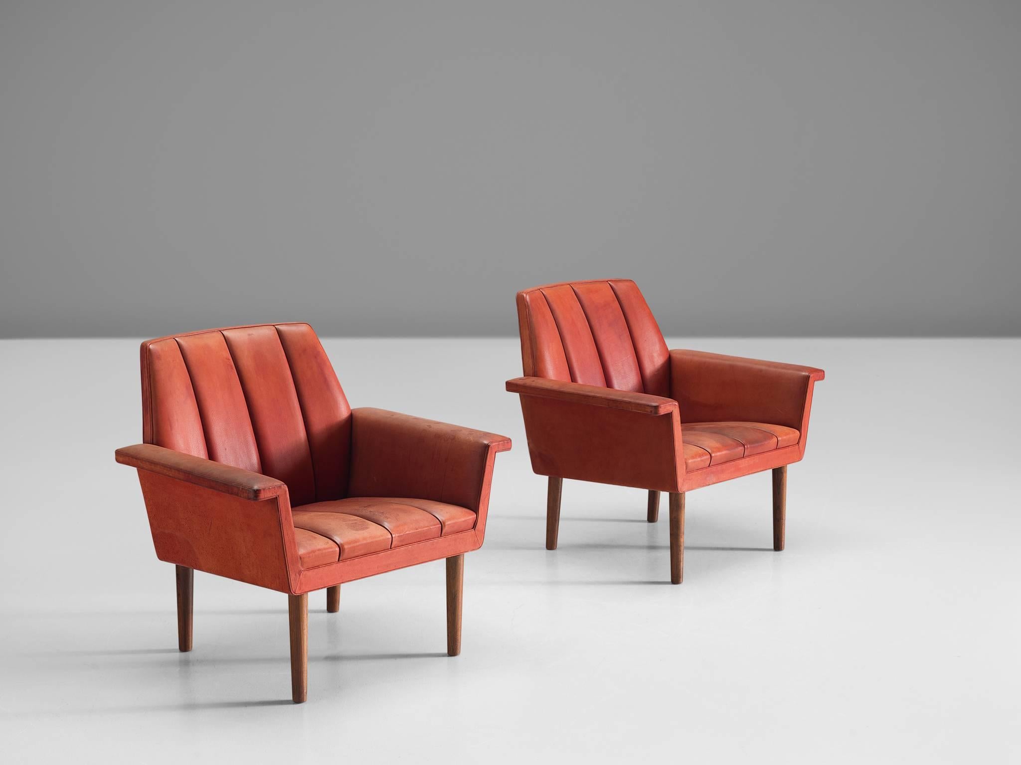 Scandinavian Modern Helge Vestergaard-Jensen Pair of Red Leather Lounge Chairs