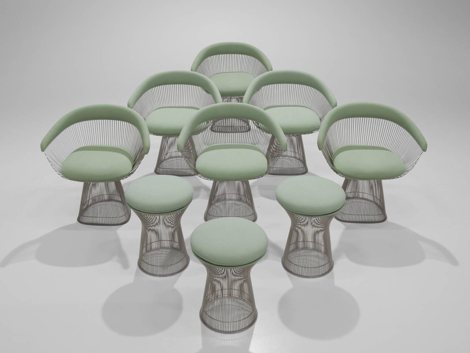Warren Platner, seven lounge chairs and three stools in metal and fabric, 1966, United States. 

This iconic mint green set by Warren Platner (1919-2006) is created by welding curved steel rods to circular and semi-circular frames, simultaneously