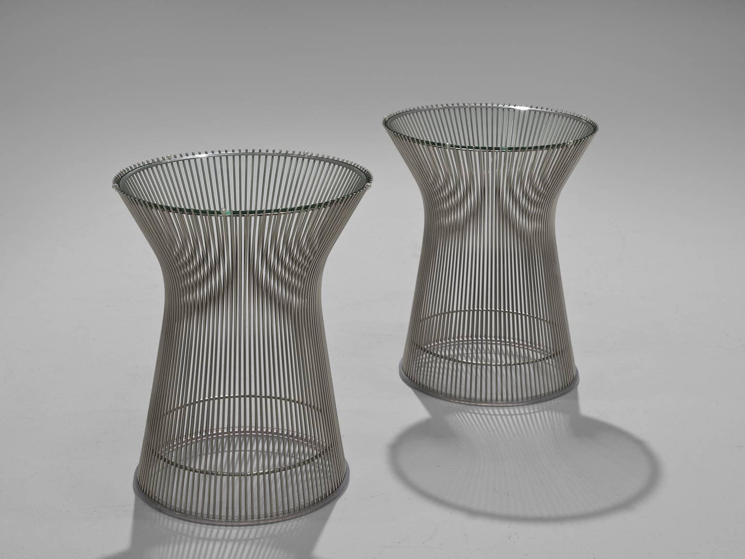 Warren Platner for Knoll, table, glass and metal, 1966, United States. 

These iconic side tables by Warren Platner (1919-2006) are created by welding curved steel rods to circular and semi-circular frames, simultaneously serving as structure and