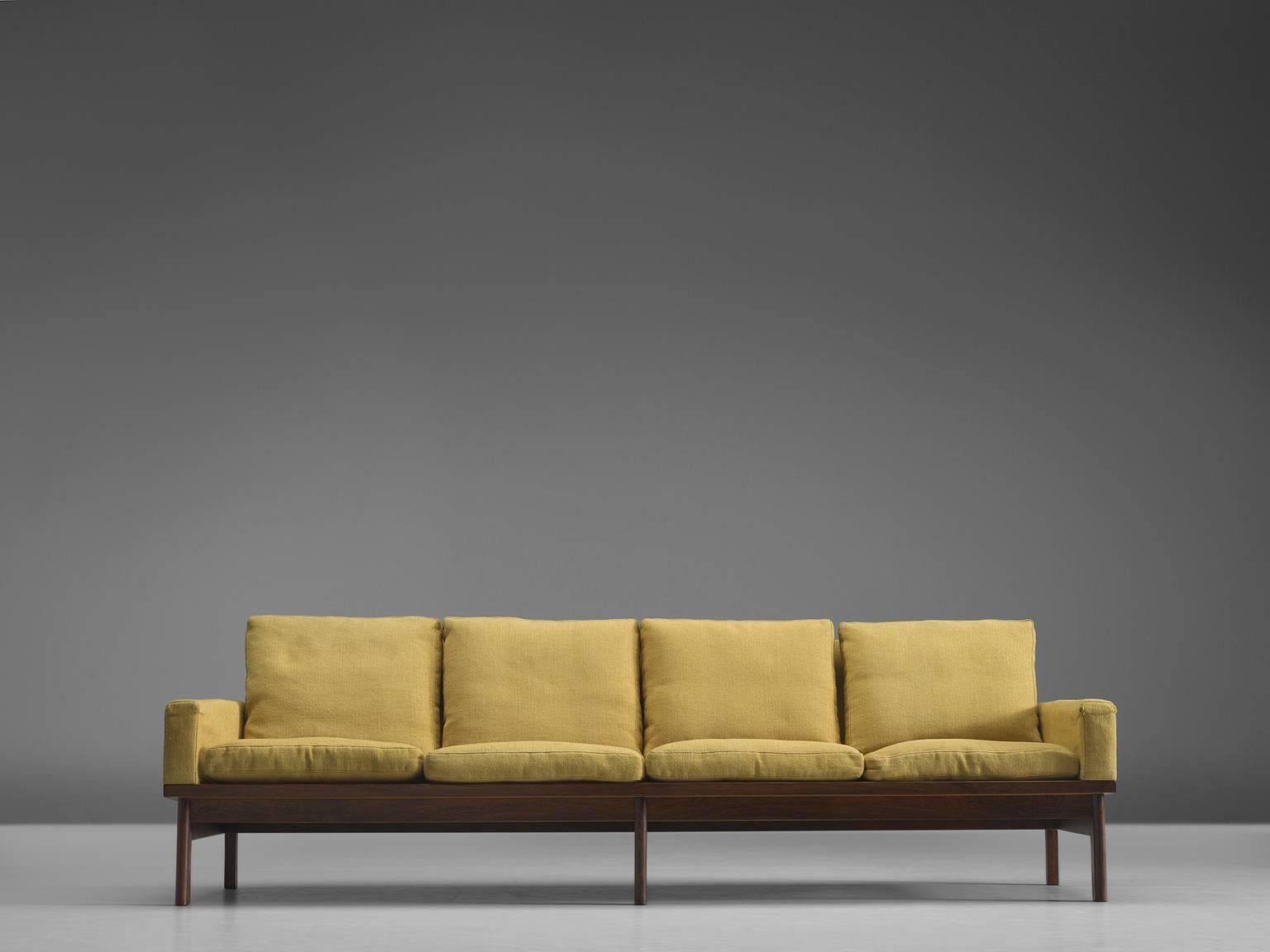 Scandinavian Modern Danish Four Seat Sofa in Yellow Fabric