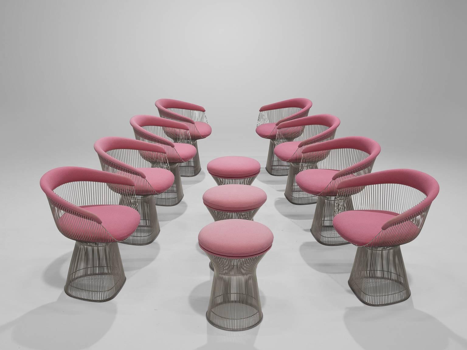 Warren Platner, eight lounge chairs and three stools in metal and pink fabric, 1966, United States. 

This iconic pink set by Warren Platner (1919-2006) is created by welding curved steel rods to circular and semi-circular frames, simultaneously