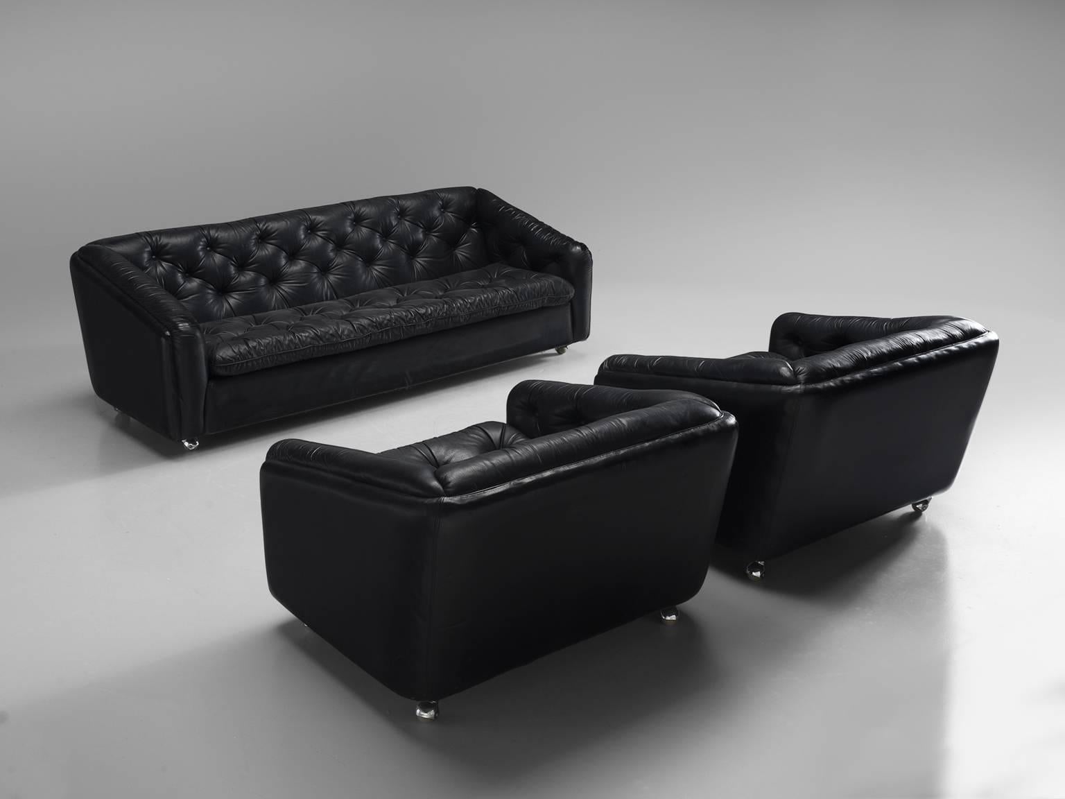 Mid-Century Modern Geoffrey Harcourt for Artifort Living Room Set in Black Leather, 1960s