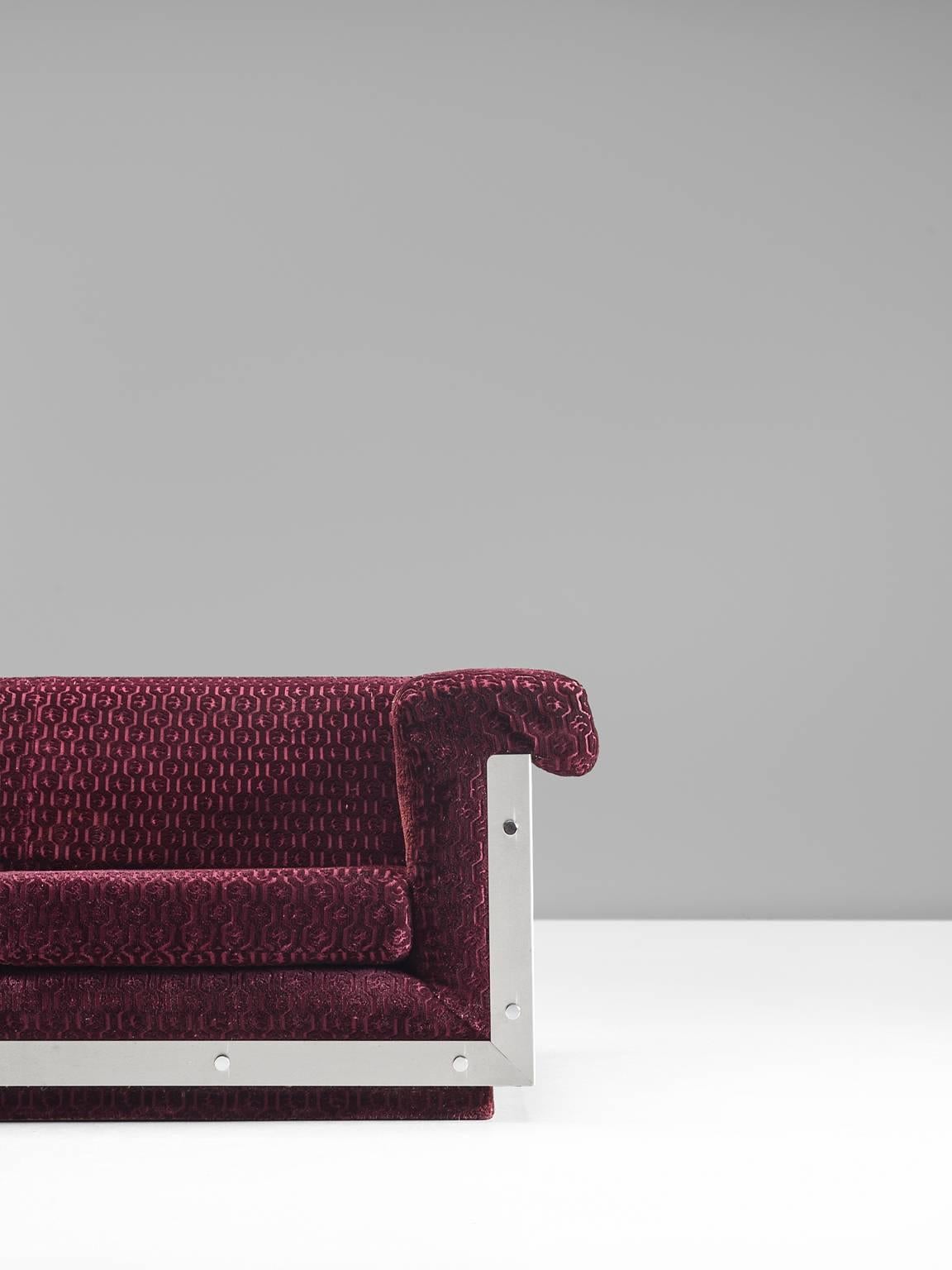 French Sofa in Stainless Steel and Burgundy Velvet Upholstery 2