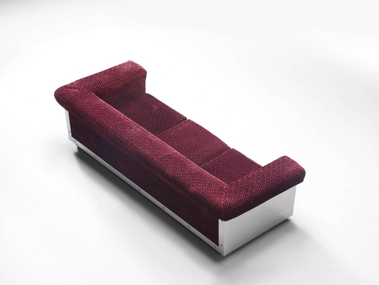 Mid-20th Century French Sofa in Stainless Steel and Burgundy Velvet Upholstery