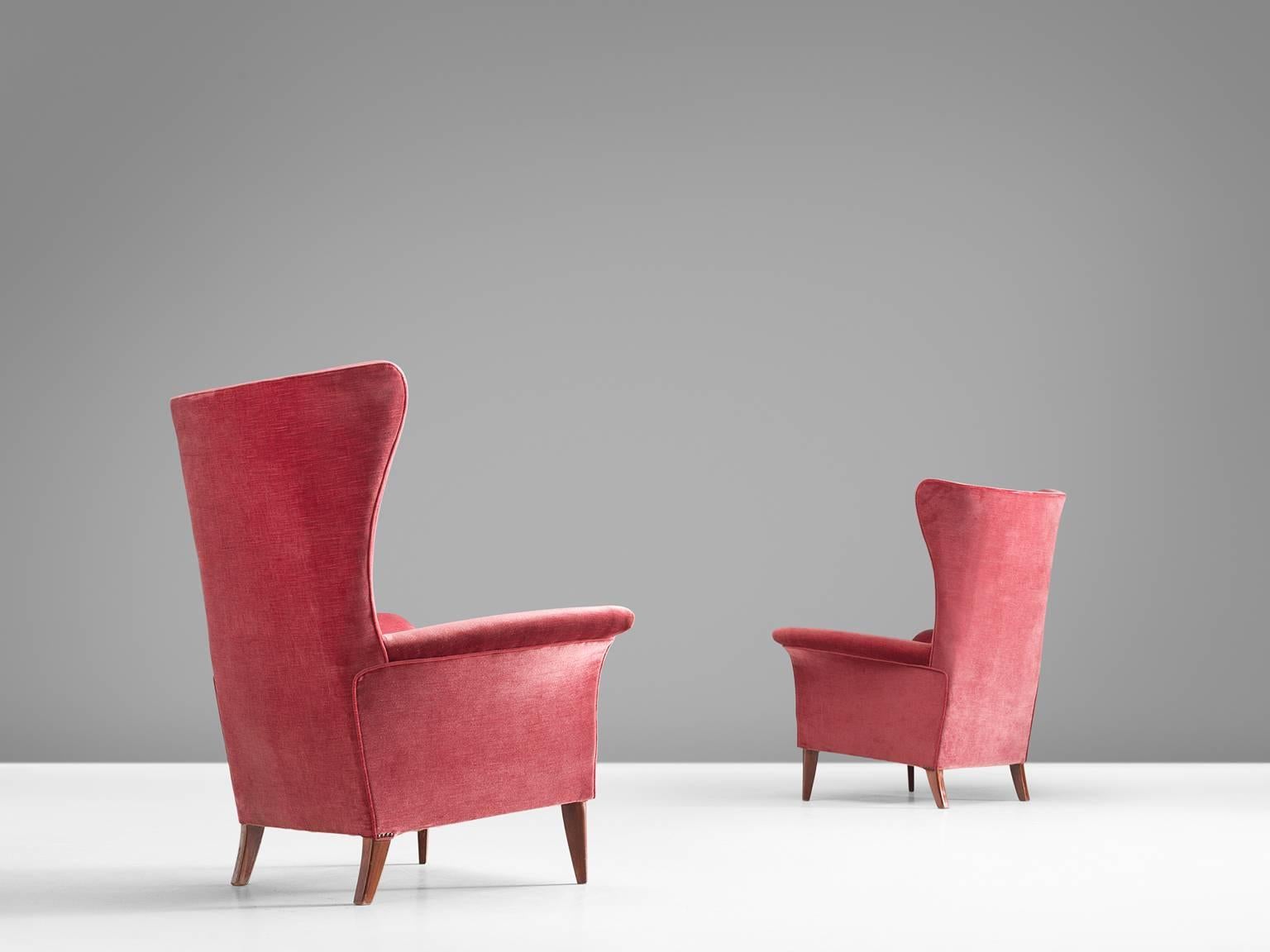 Mid-Century Modern Set of Two High Wingback Chairs, Velvet and Wood, Italy, 1950s