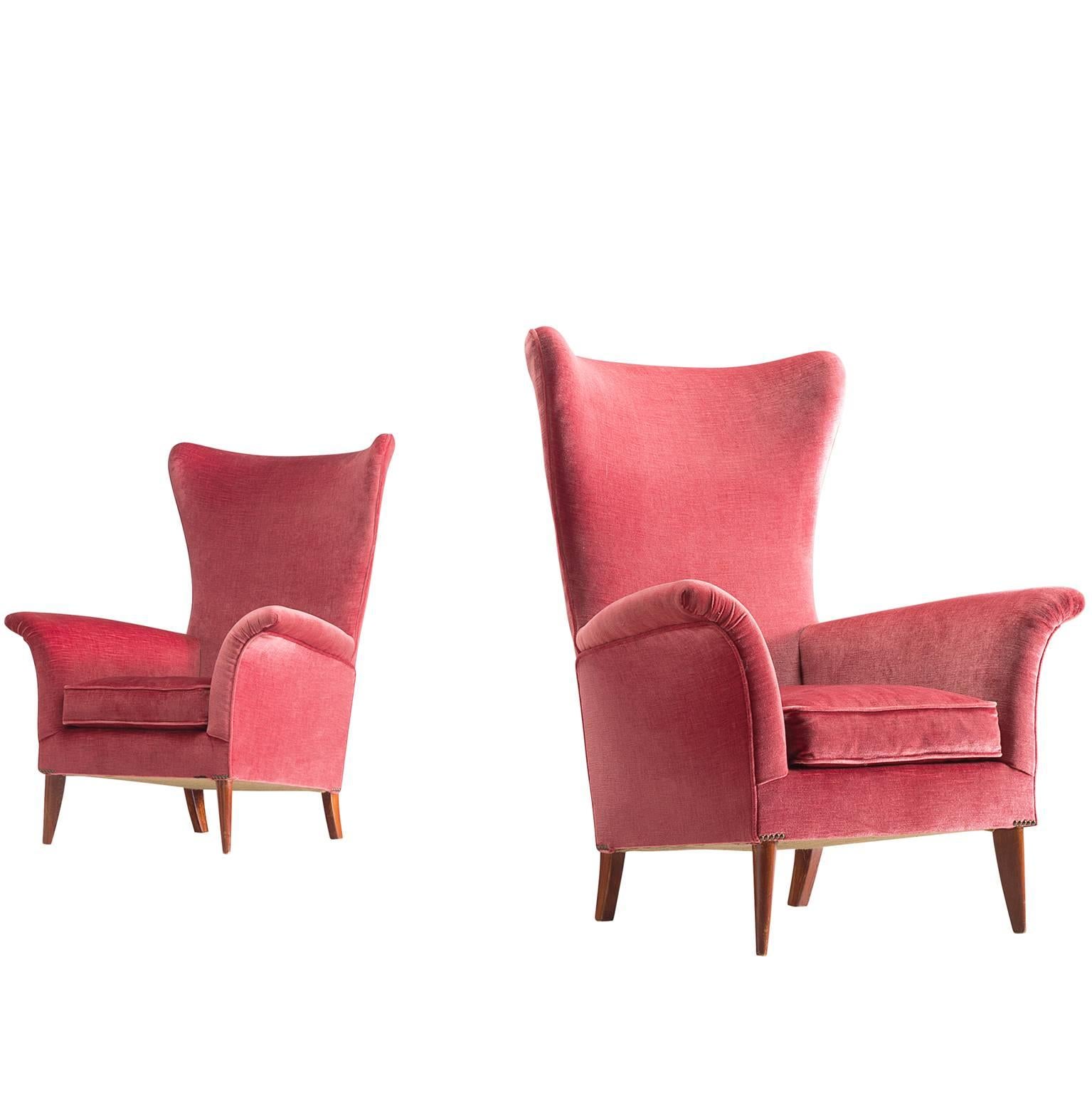 Set of Two High Wingback Chairs, Velvet and Wood, Italy, 1950s