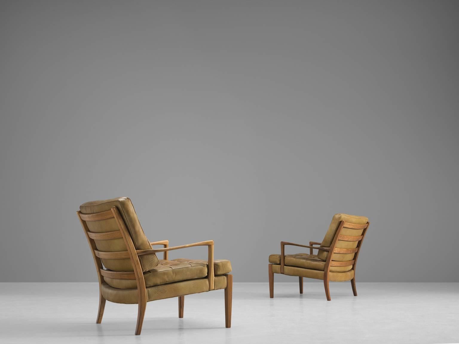 Swedish Two Easy Chairs in Cognac Leather and Teak by Arne Norell, Sweden, 1960