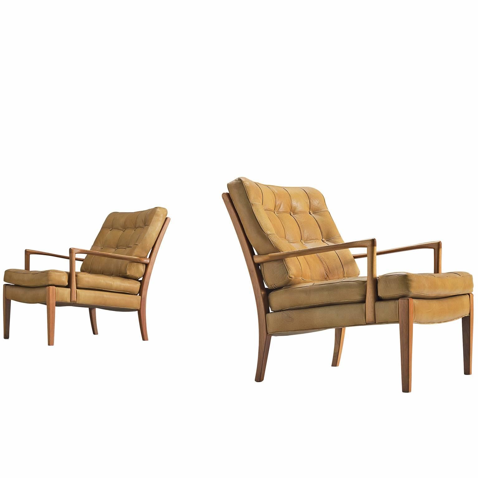 Two Easy Chairs in Cognac Leather and Teak by Arne Norell, Sweden, 1960
