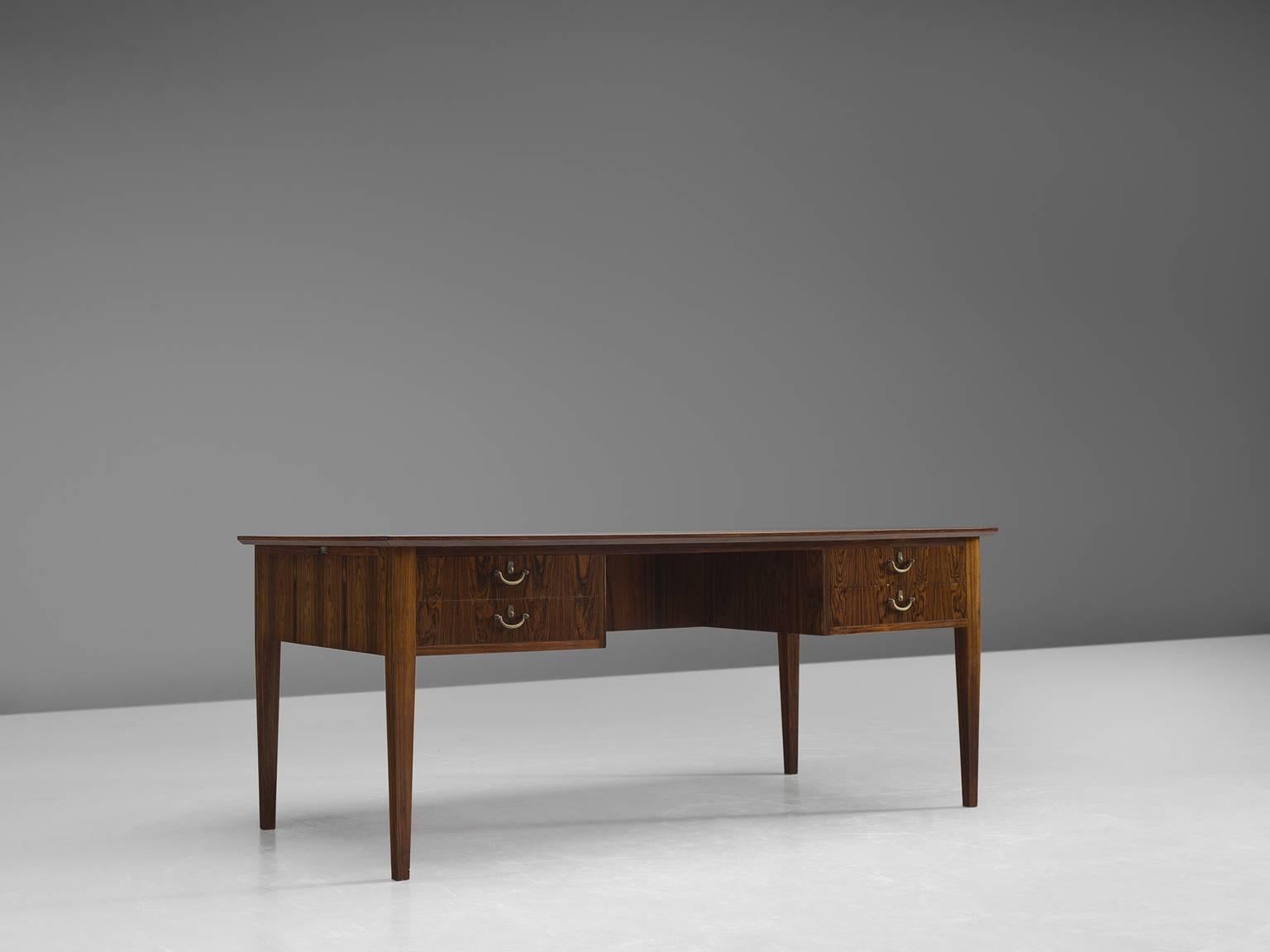 Scandinavian Modern Danish Extendable Rosewood Writing Table with Brass Details