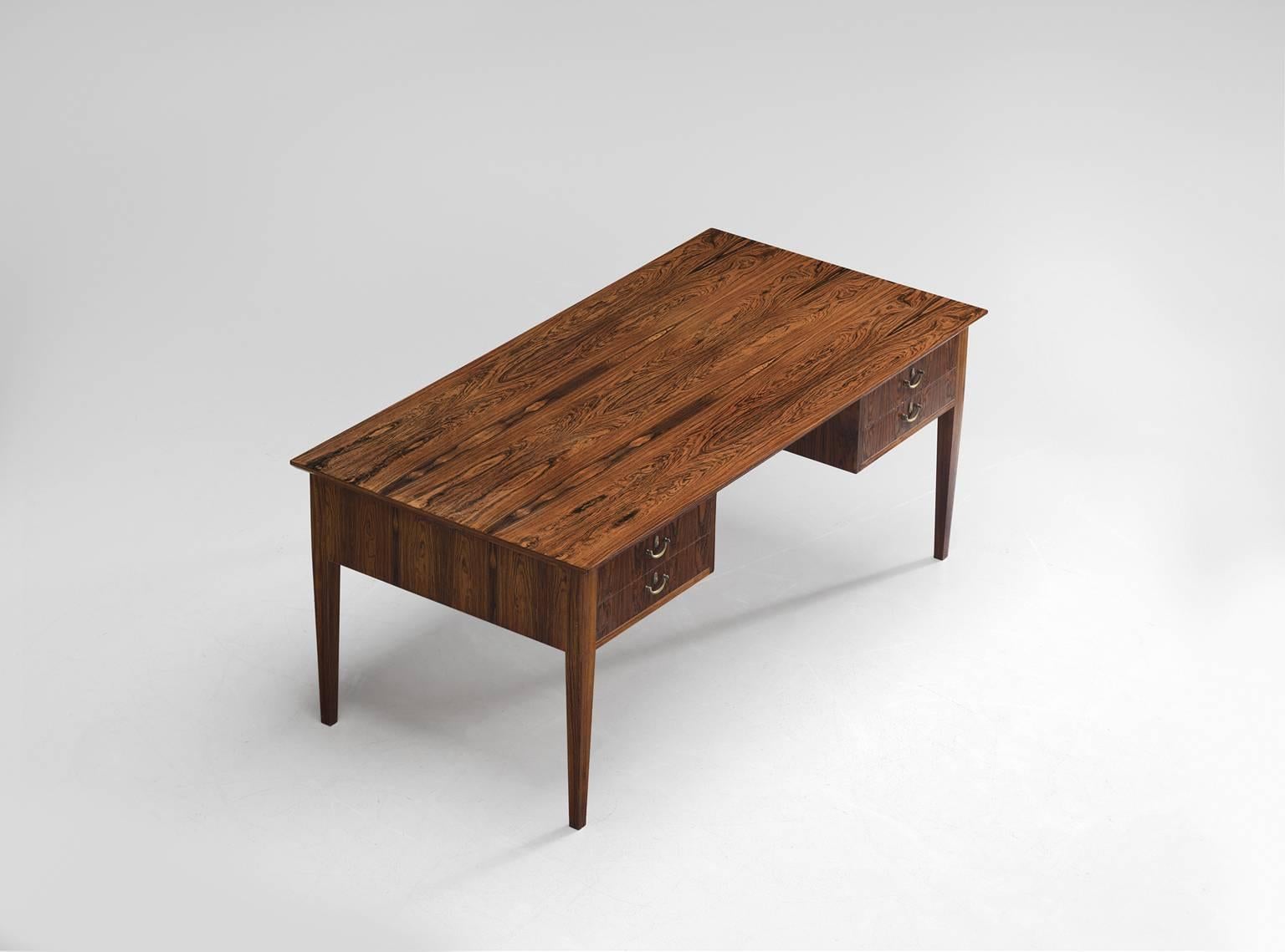 Mid-20th Century Danish Extendable Rosewood Writing Table with Brass Details
