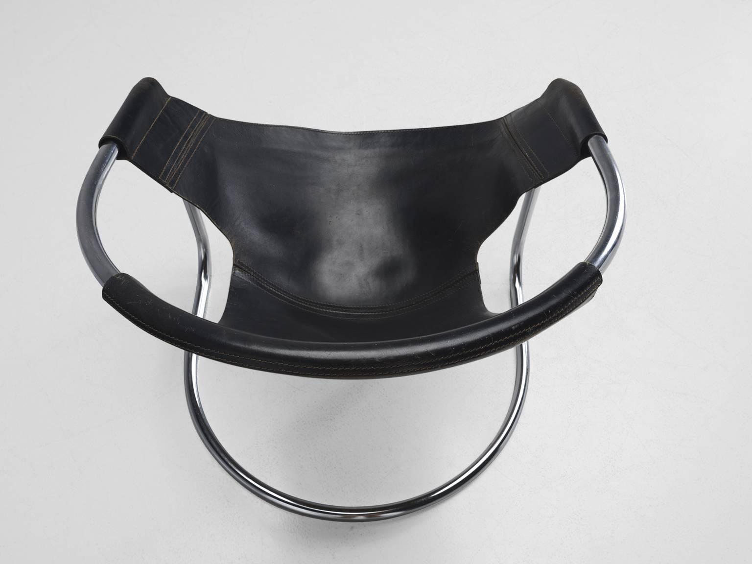 Clemens Claessen Ba-As Black Leather Tubular Chair In Good Condition In Waalwijk, NL