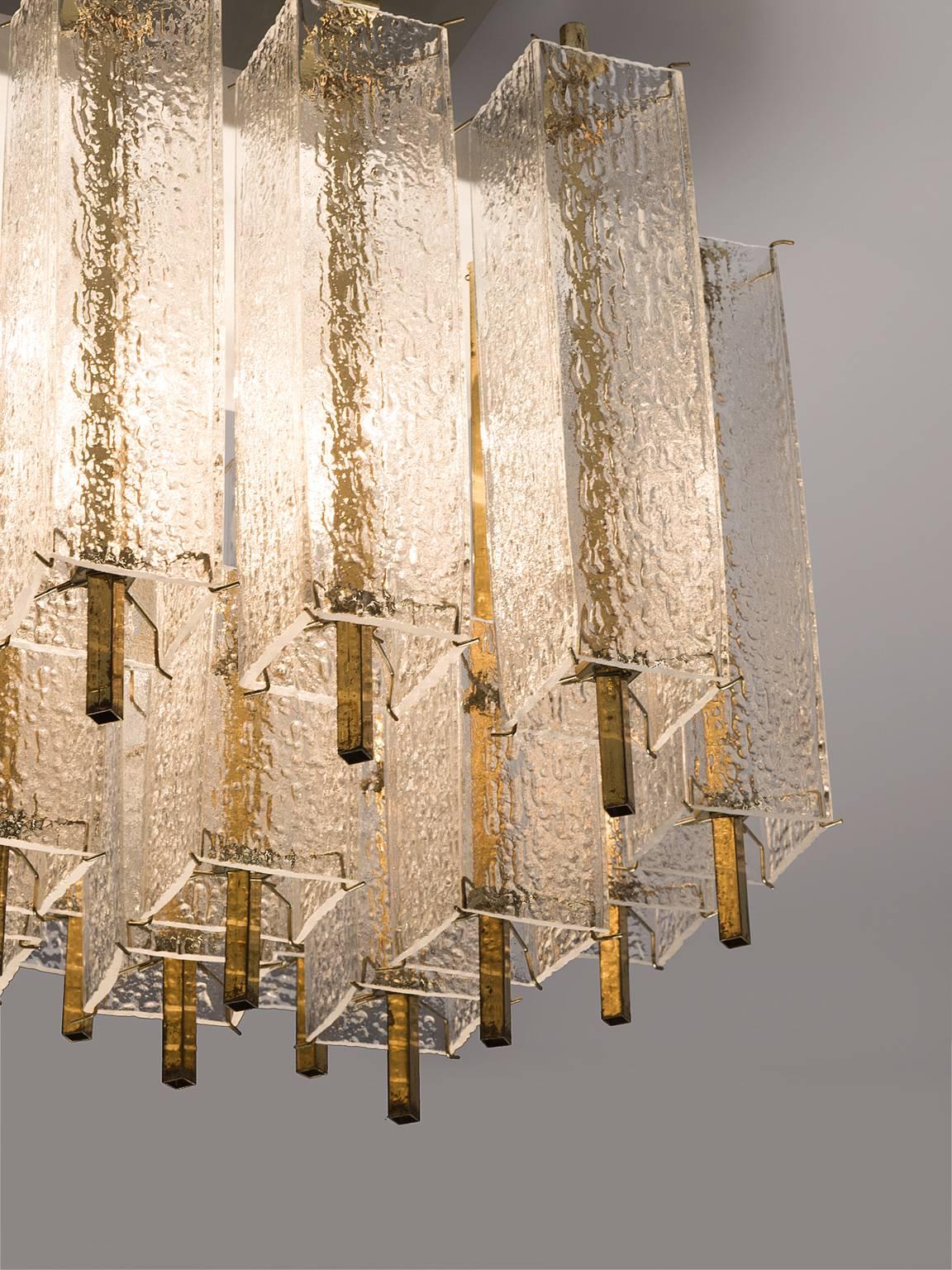 European Three Chandeliers in Structured Glass and Brass, 1970s