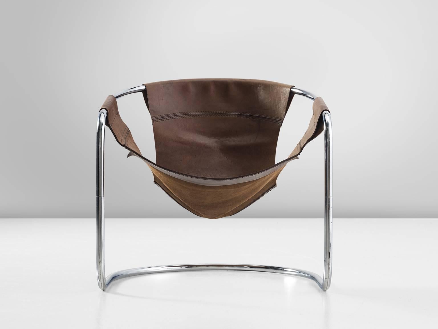 Dutch Clemens Claessen Ba-As Brown Leather and Tubular Chair