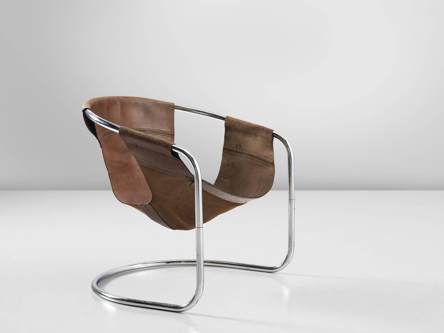 Clemens Claessen Ba-As Brown Leather and Tubular Chair In Good Condition In Waalwijk, NL