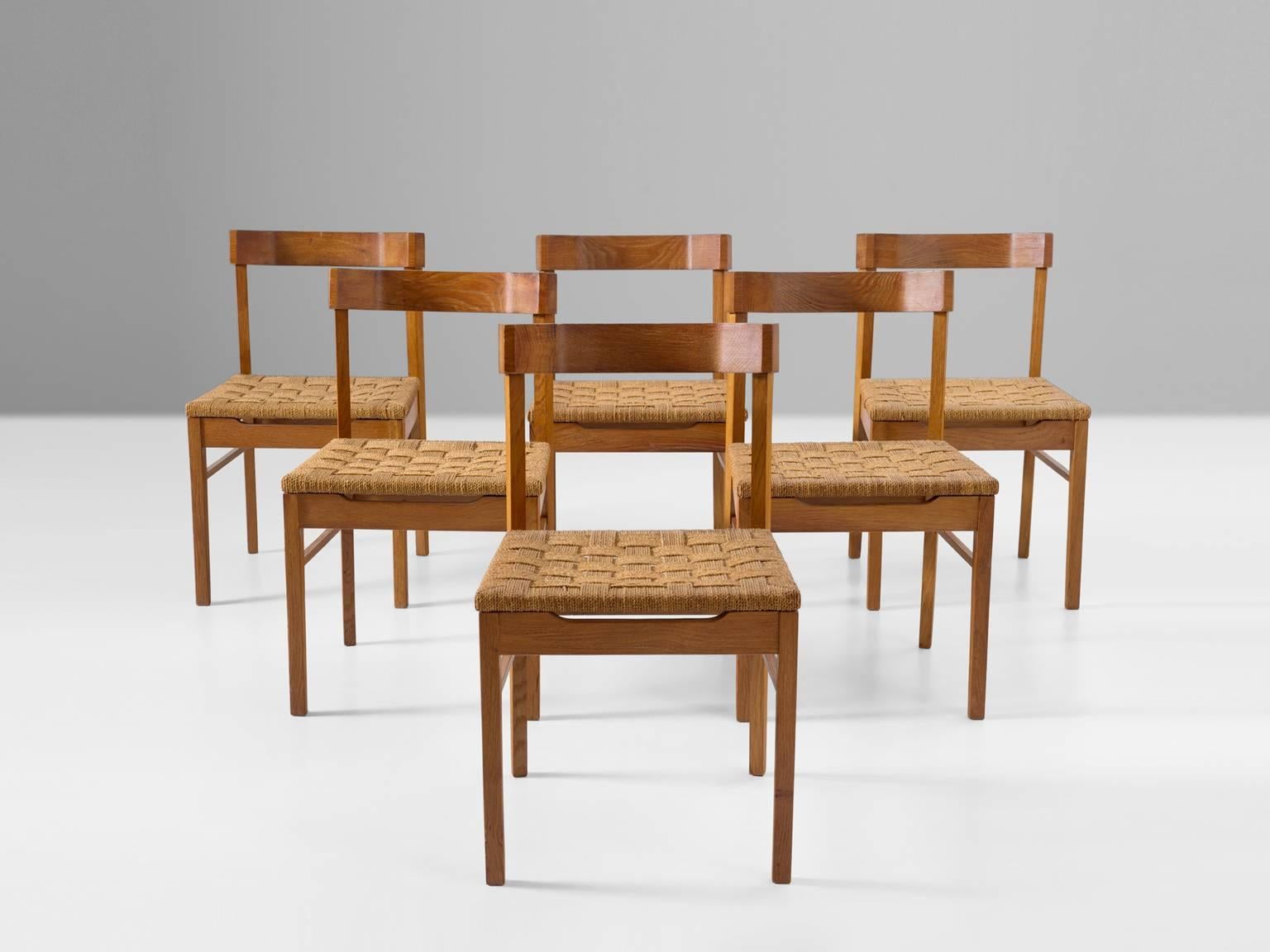 Mid-Century Modern Set of Six Oak and Rope Dutch Chairs