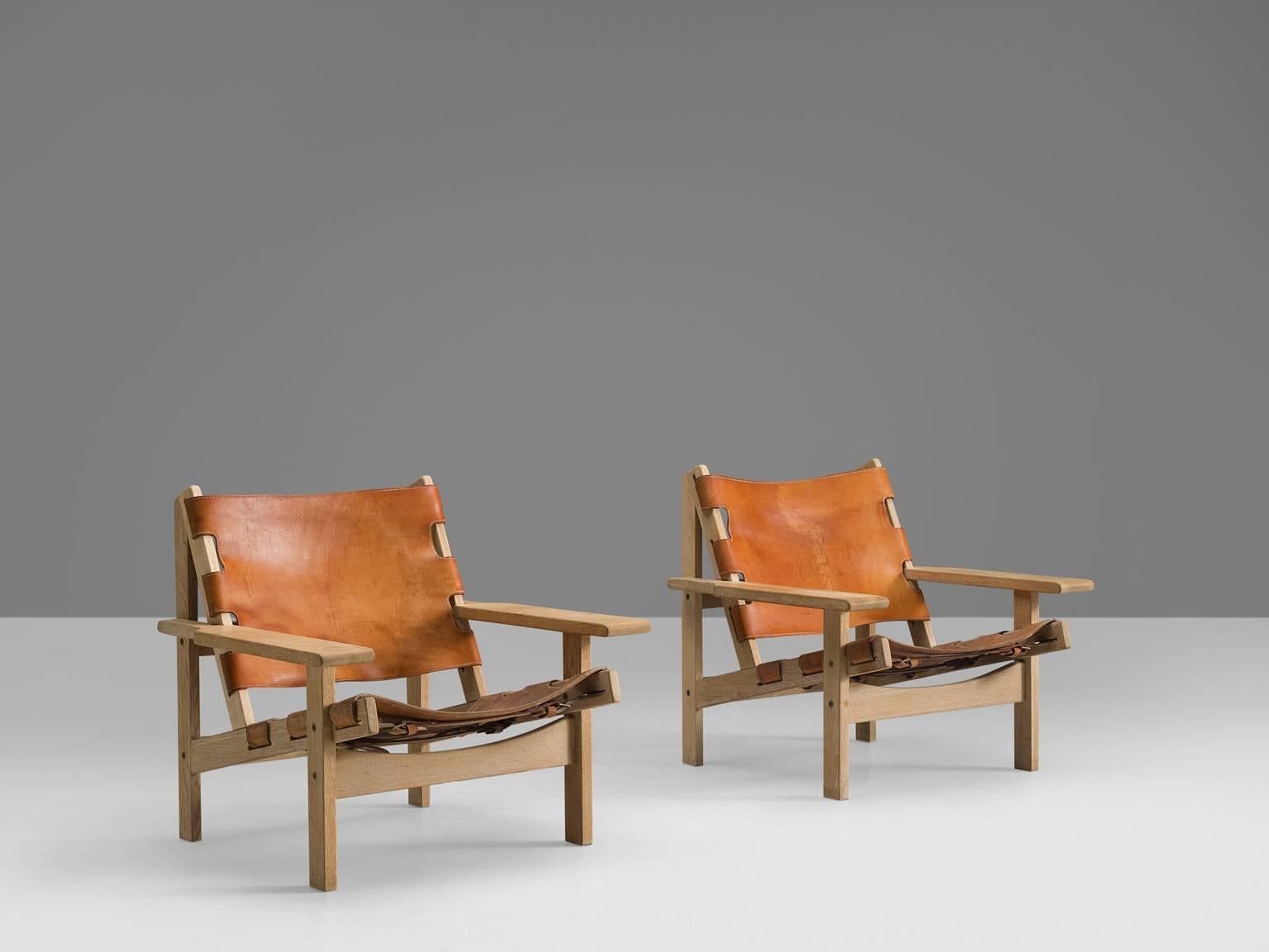 Scandinavian Modern Erling Jessen Set of Cognac Leather and Oak Lounge Chairs