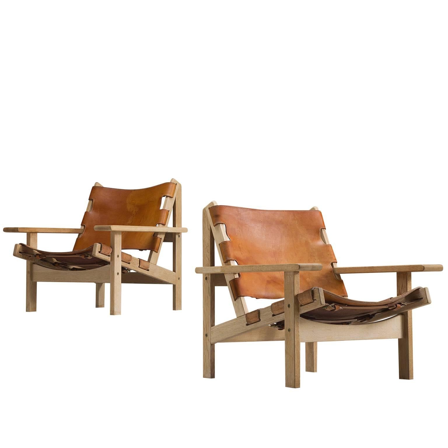 Erling Jessen Set of Cognac Leather and Oak Lounge Chairs