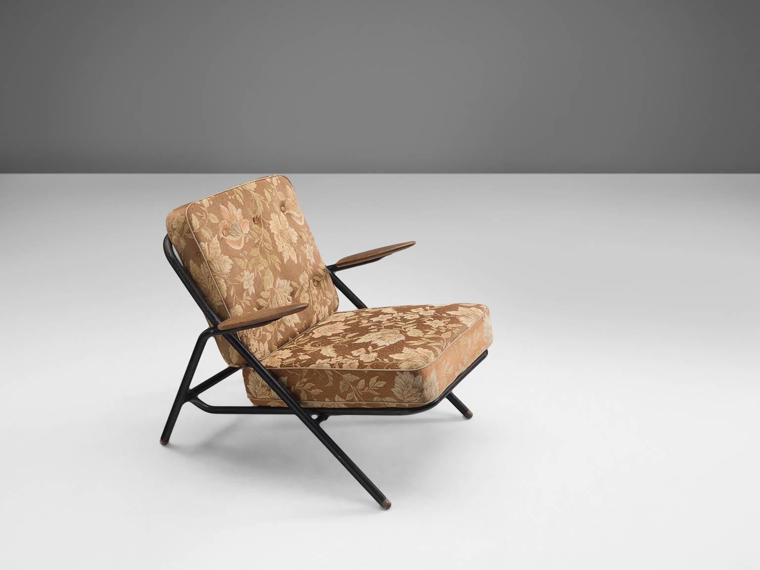 Scandinavian Modern Hans Wegner GE215 Sawbuck Lounge Chair in Floral Upholstery