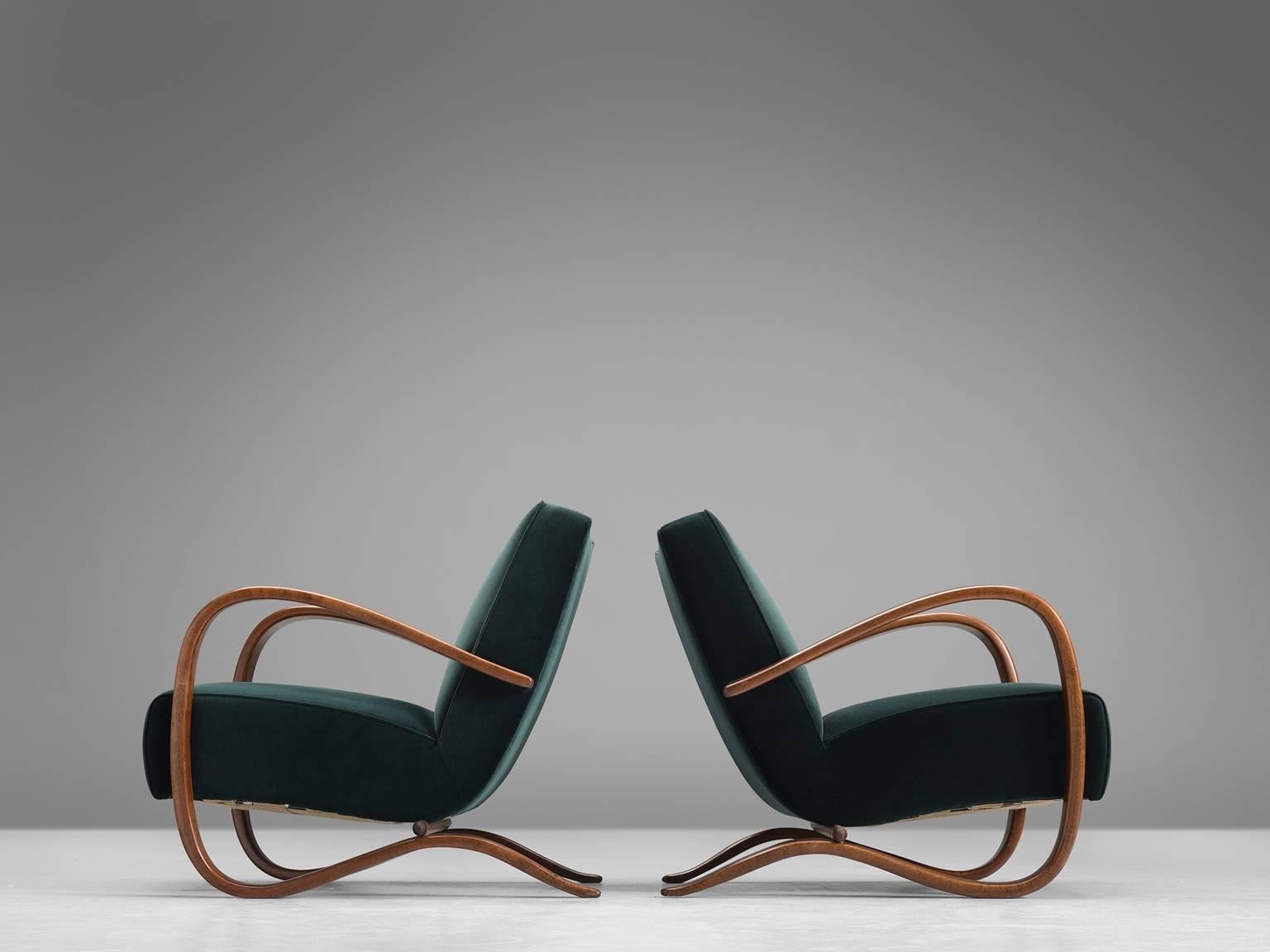 Art Deco Jindrich Halabala Lounge Chairs in Deep Green Velvet