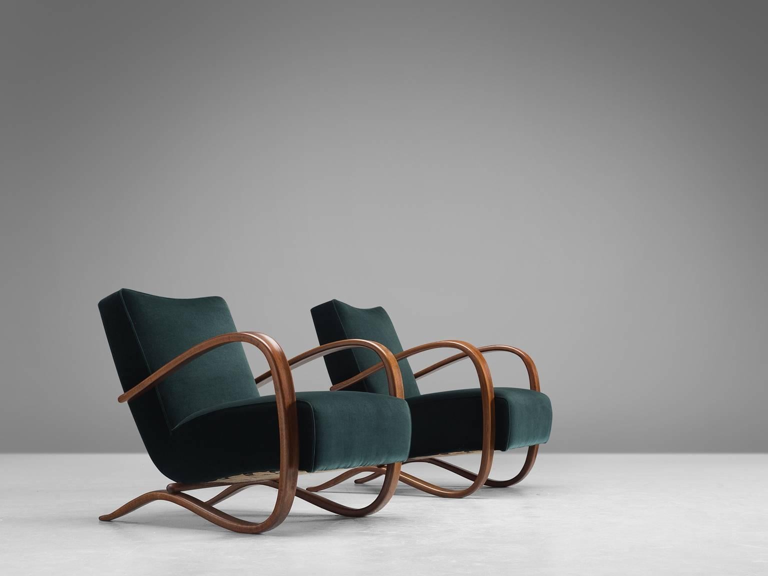 Czech Jindrich Halabala Lounge Chairs in Deep Green Velvet