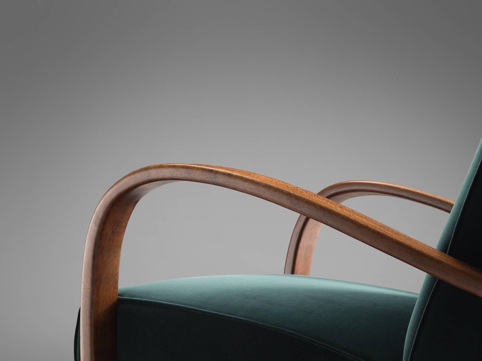 Mid-20th Century Jindrich Halabala Lounge Chairs in Deep Green Velvet