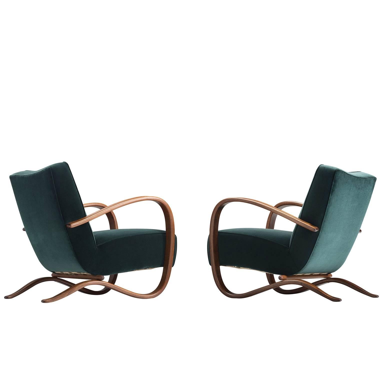 Jindrich Halabala Lounge Chairs in Deep Green Velvet