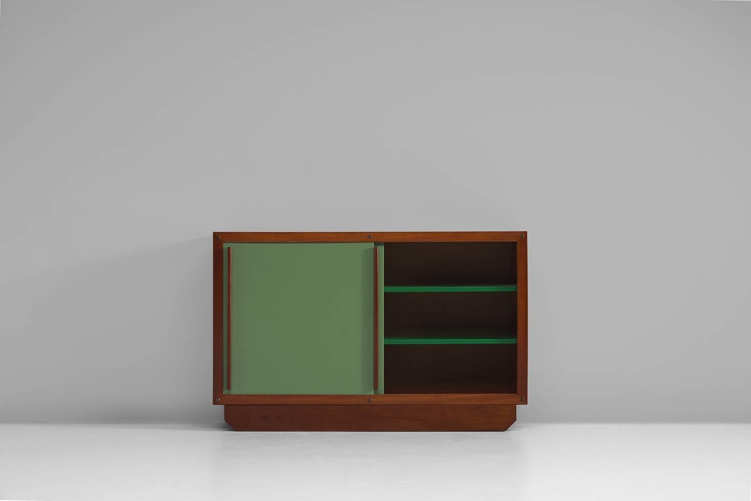 French André Sornay Olive Green and Teak Low Cabinet