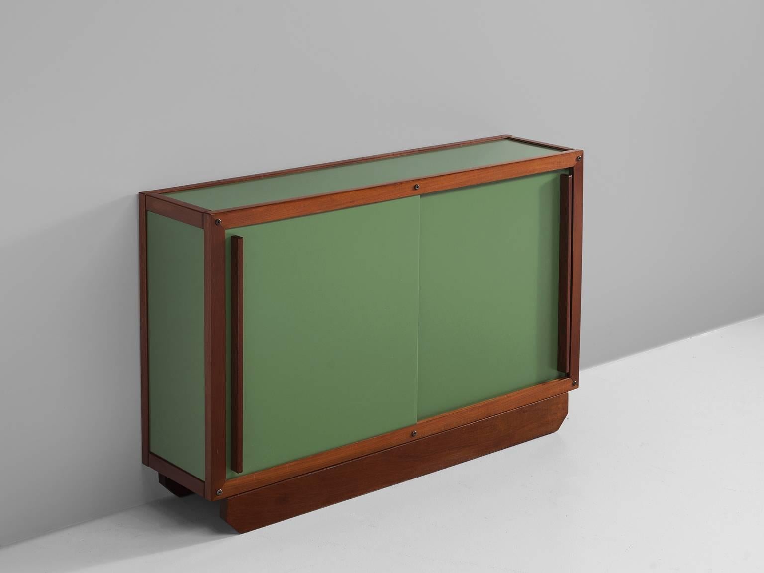 Mid-20th Century André Sornay Olive Green and Teak Low Cabinet