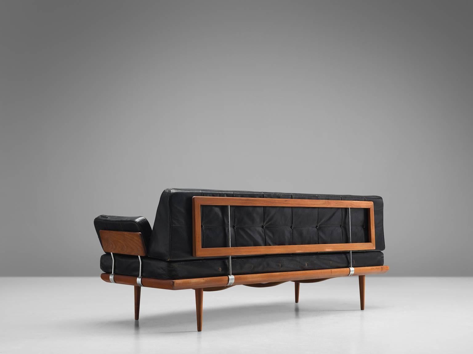 Peter Hvidt and Orla Mølgaard-Nielsen for France & Søn, 'Minerva' daybed, teak, metal, leather, Denmark, design 1957, production 1960s.

This sofa and daybed 'Minerva', named after the goddess of wisdom, is a true midcentury Classic by the design
