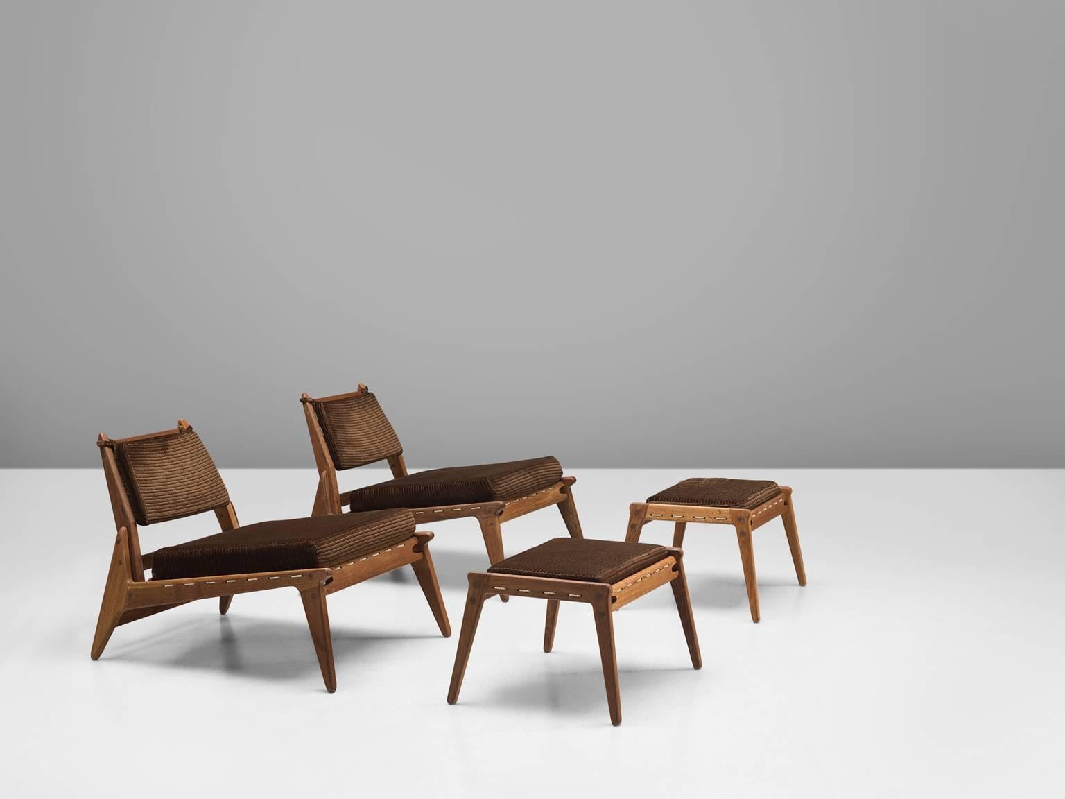Mid-Century Modern Set of Mid-Century Easy Chairs in Oak and Brown Upholstery