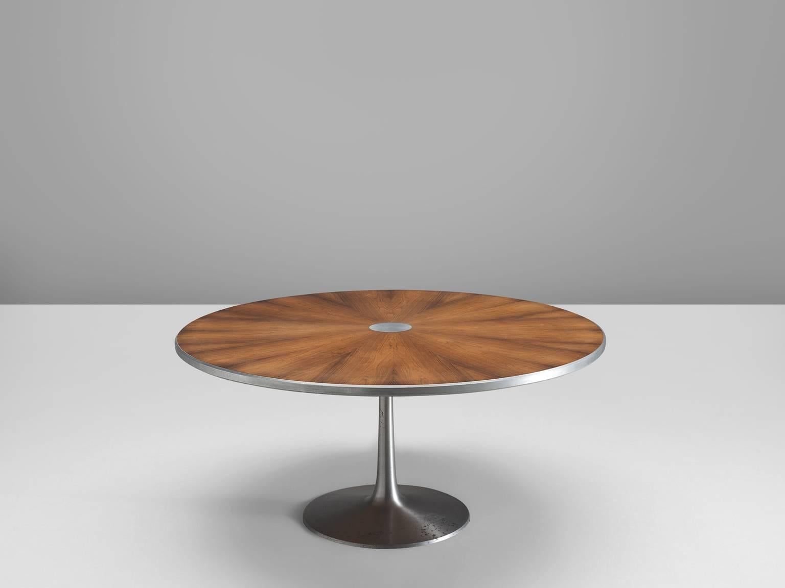 Poul Cadovius, rosewood and aluminum table, Denmark, circa 1965

This table features an aluminum pedestal foot and a book-matched rosewood top. The table is a wonderful sculptural, spacious item. The pedestal foot results in a clean and unobstructed