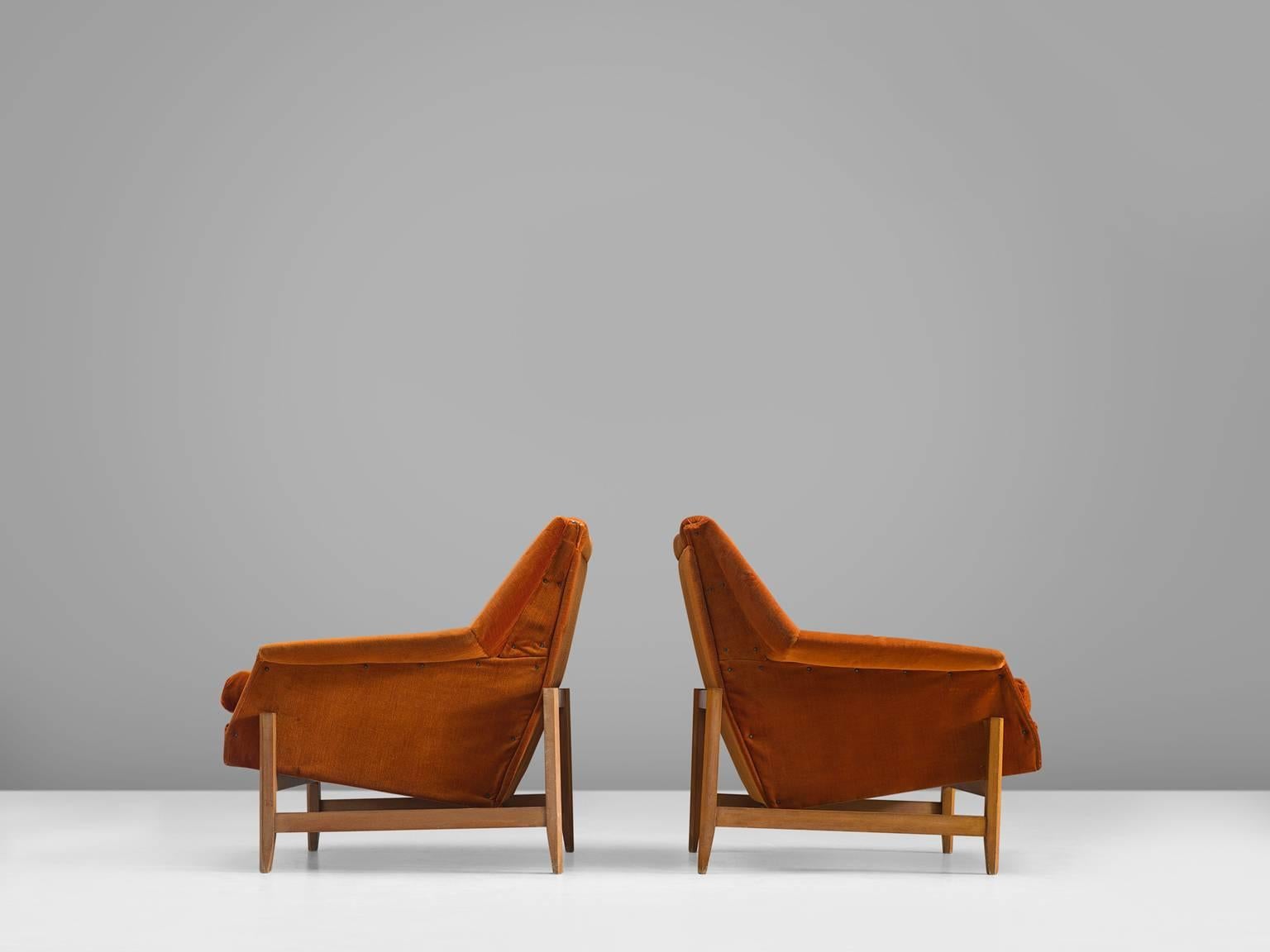 Mid-Century Modern Italian Set of Cubist Lounge Chairs in Orange Velvet