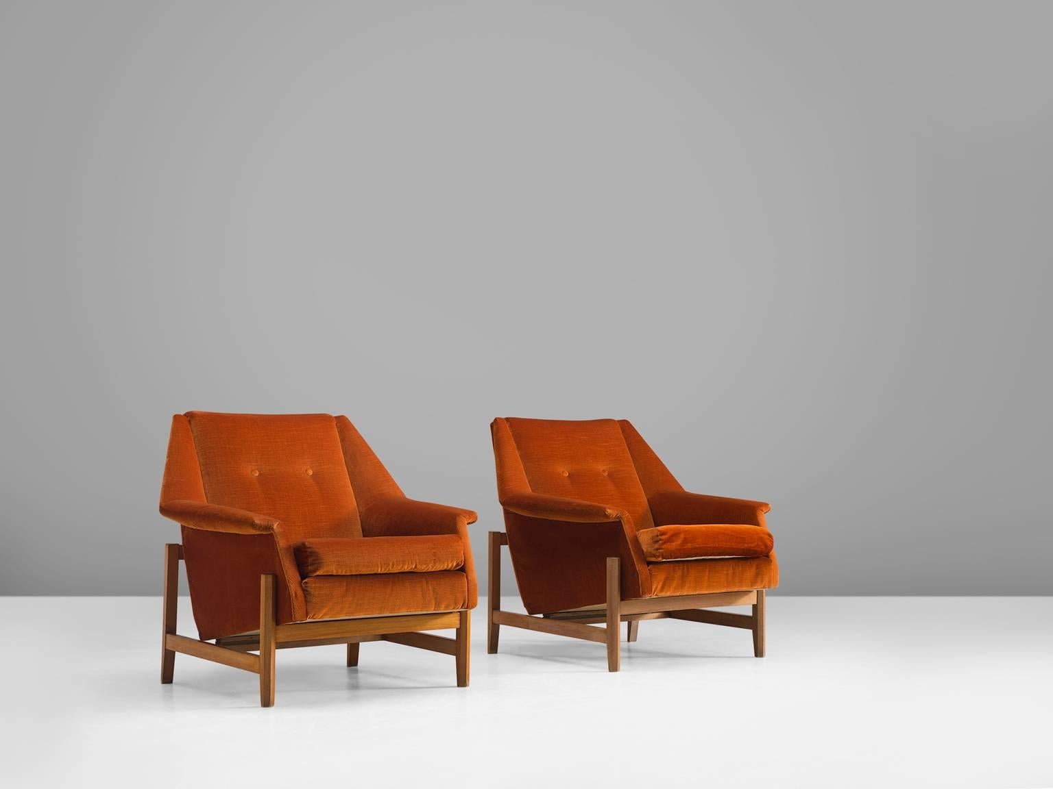 Italian Set of Cubist Lounge Chairs in Orange Velvet In Good Condition In Waalwijk, NL