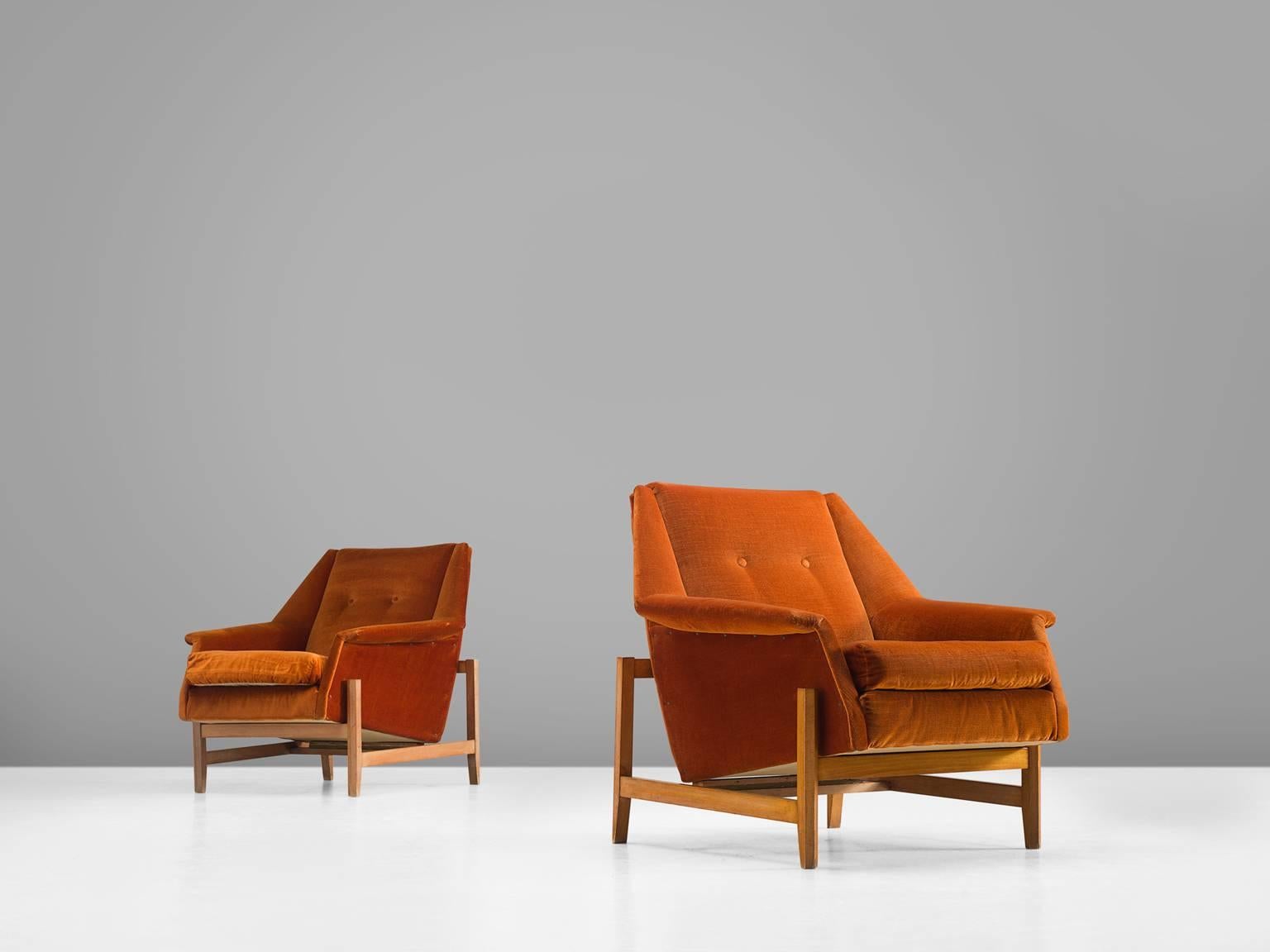 Mid-20th Century Italian Set of Cubist Lounge Chairs in Orange Velvet