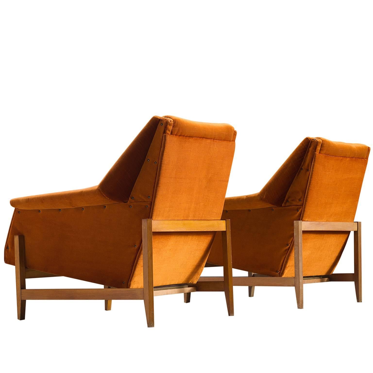 Italian Set of Cubist Lounge Chairs in Orange Velvet