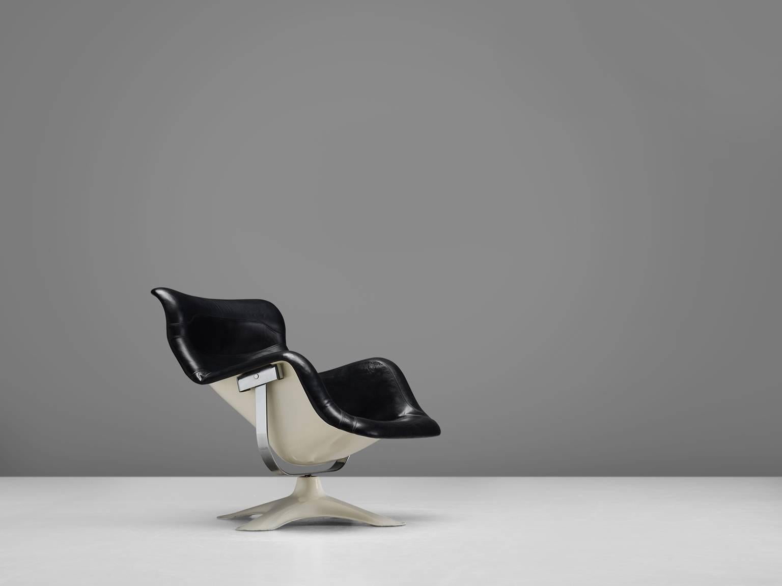Finnish Yrjö Kukkapuro 'Karuselli' Lounge Chair in Black Leather with Stool
